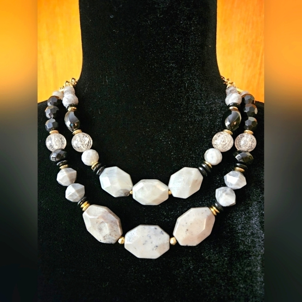 Pierced gold, gray & black bead two row necklace